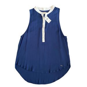 NWT Hollister Hi/Lo Sleeveless Blouse Navy Blue W/White Collar Trim Viscose Sz M